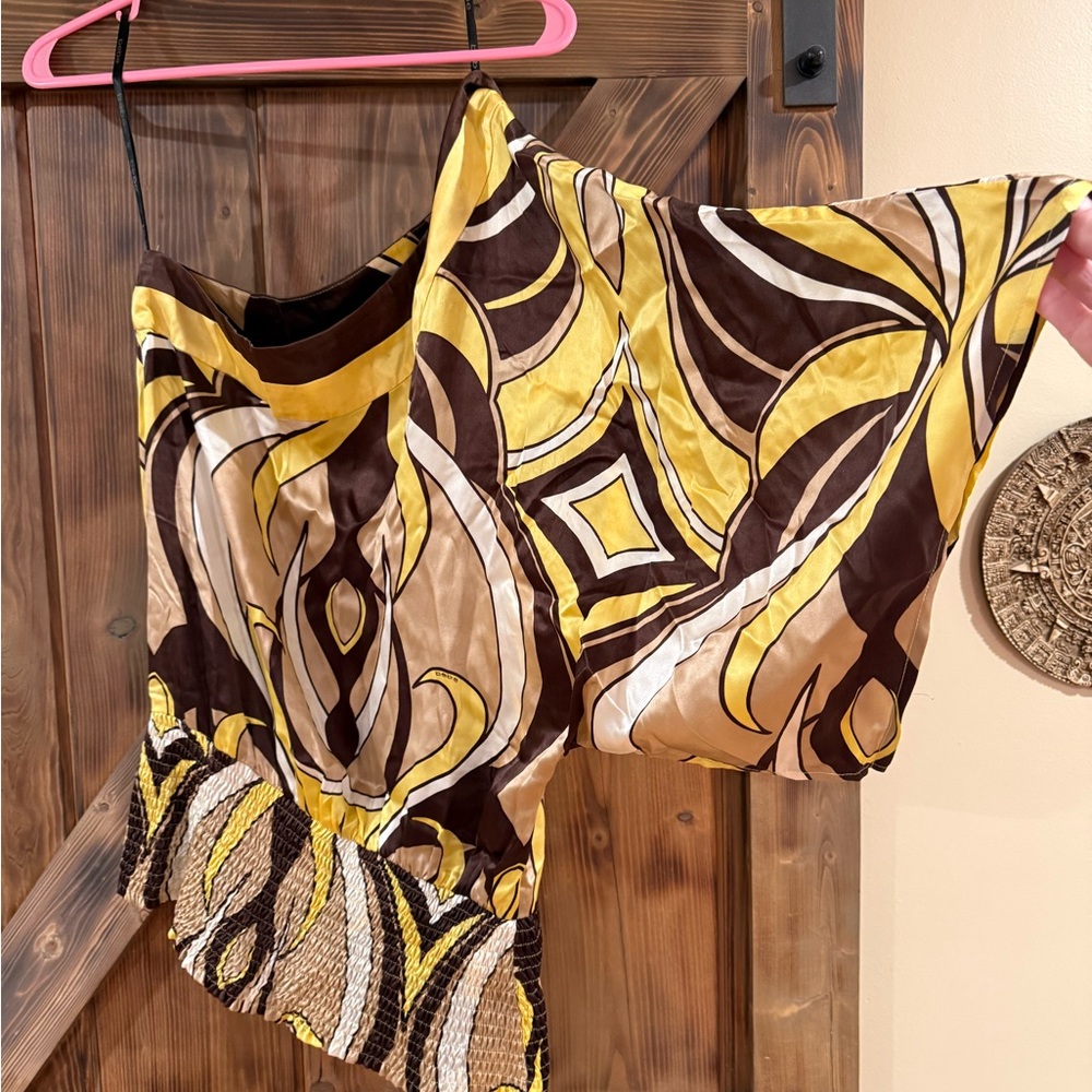 Bebe Yellow And Brown Patterned One-Shoulder Top - image 5